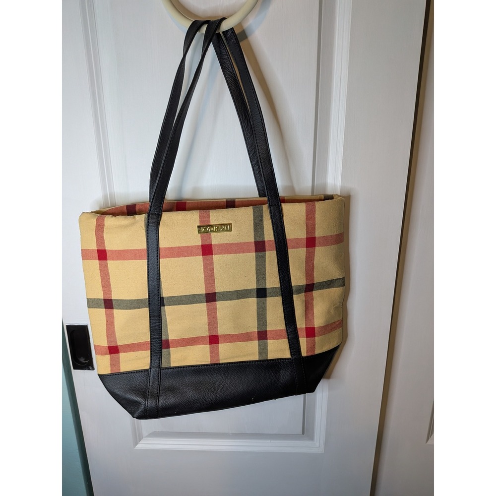 Joy & Iman Plaid Canvas Tote Bag Black Faux Leather Trim Gold Hardware Tan Red